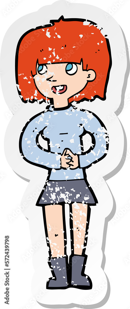 retro distressed sticker of a cartoon friendly woman retro distressed sticker of a cartoon friendly woman