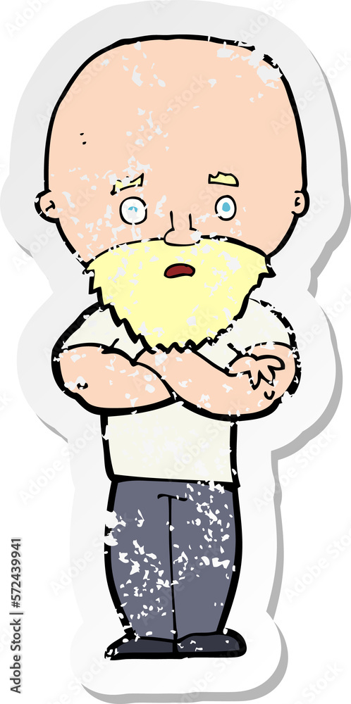retro distressed sticker of a cartoon shocked bald man with beard