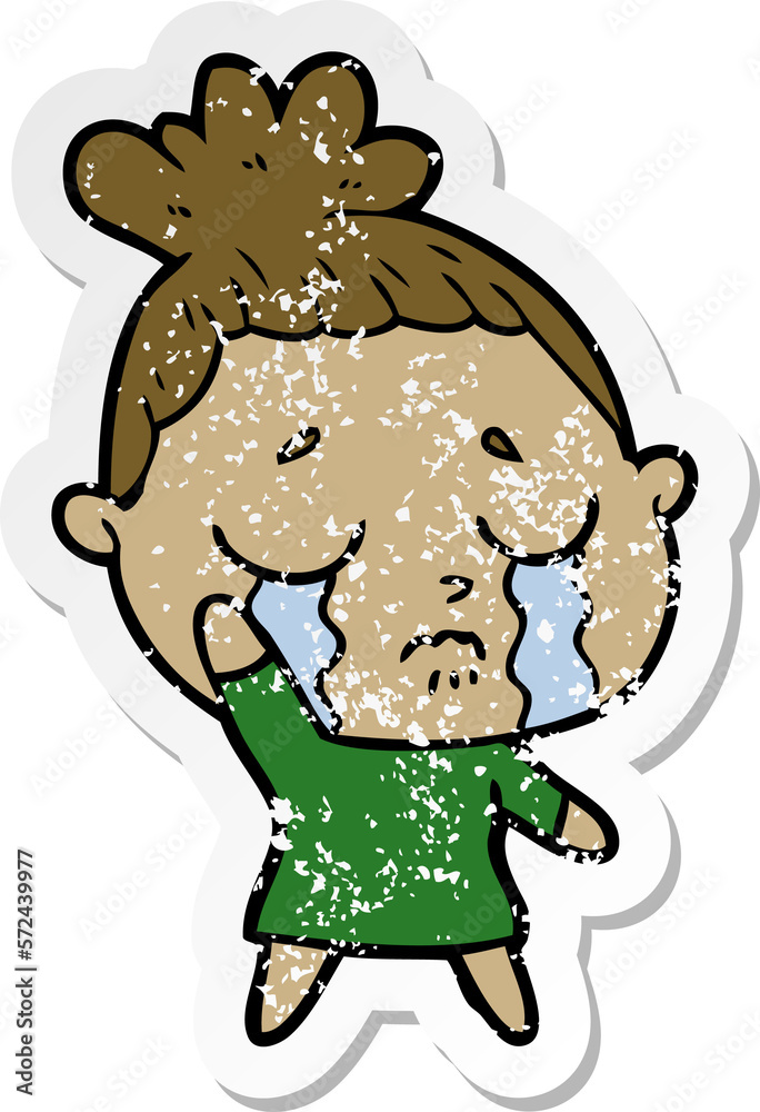 distressed sticker of a cartoon crying woman distressed sticker of a cartoon crying woman
