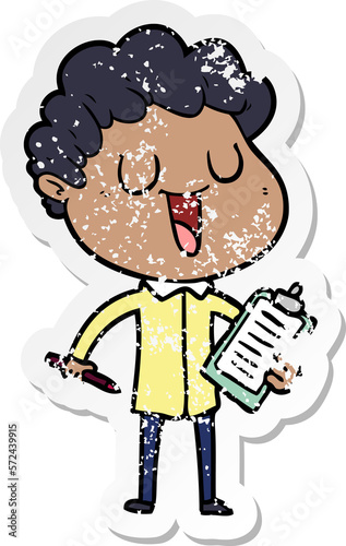 distressed sticker of a laughing cartoon man with clipboard and pen