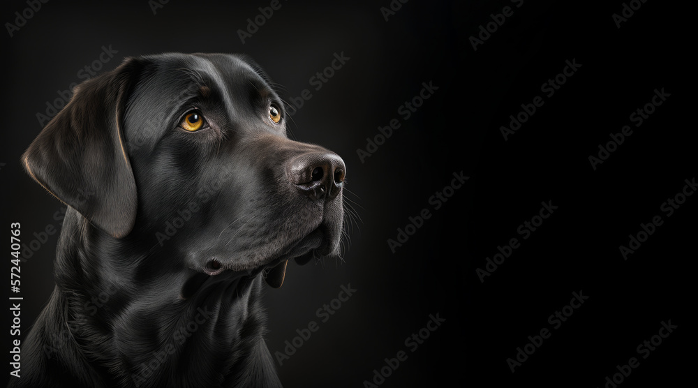 portrait of a black labrador dog, photo studio set up with key light, isolated with black background and copy space - generative ai portrait of a black labrador dog, photo studio set up with key light, isolated with black background and copy space - generative ai