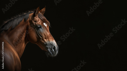portrait of a brown horse  photo studio set up with key light  isolated with black background and copy space - generative ai