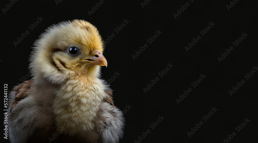portrait of a chicken, photo studio set up with key light, isolated with black background and copy space - generative ai