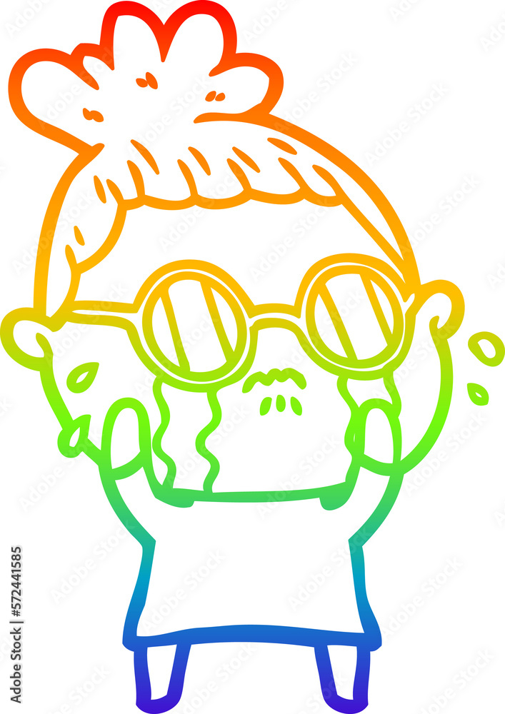 rainbow gradient line drawing cartoon crying woman wearing spectacles