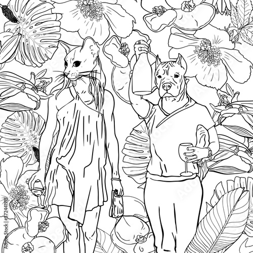 Antistress coloring page. Cat girl and dog boy with vocal or wine glass on the paty. Tropical flowers and leaves frame. Isolated on white. For coloring, print, package, cards, designer, clothes, logo