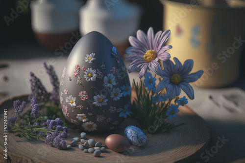 Easter theme: Dreamy illustration of decorative easter eggs on a table. Generative ai photo