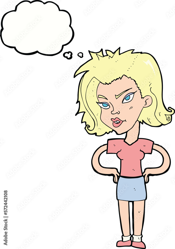 cartoon woman with hands on hips with thought bubble cartoon woman with hands on hips with thought bubble