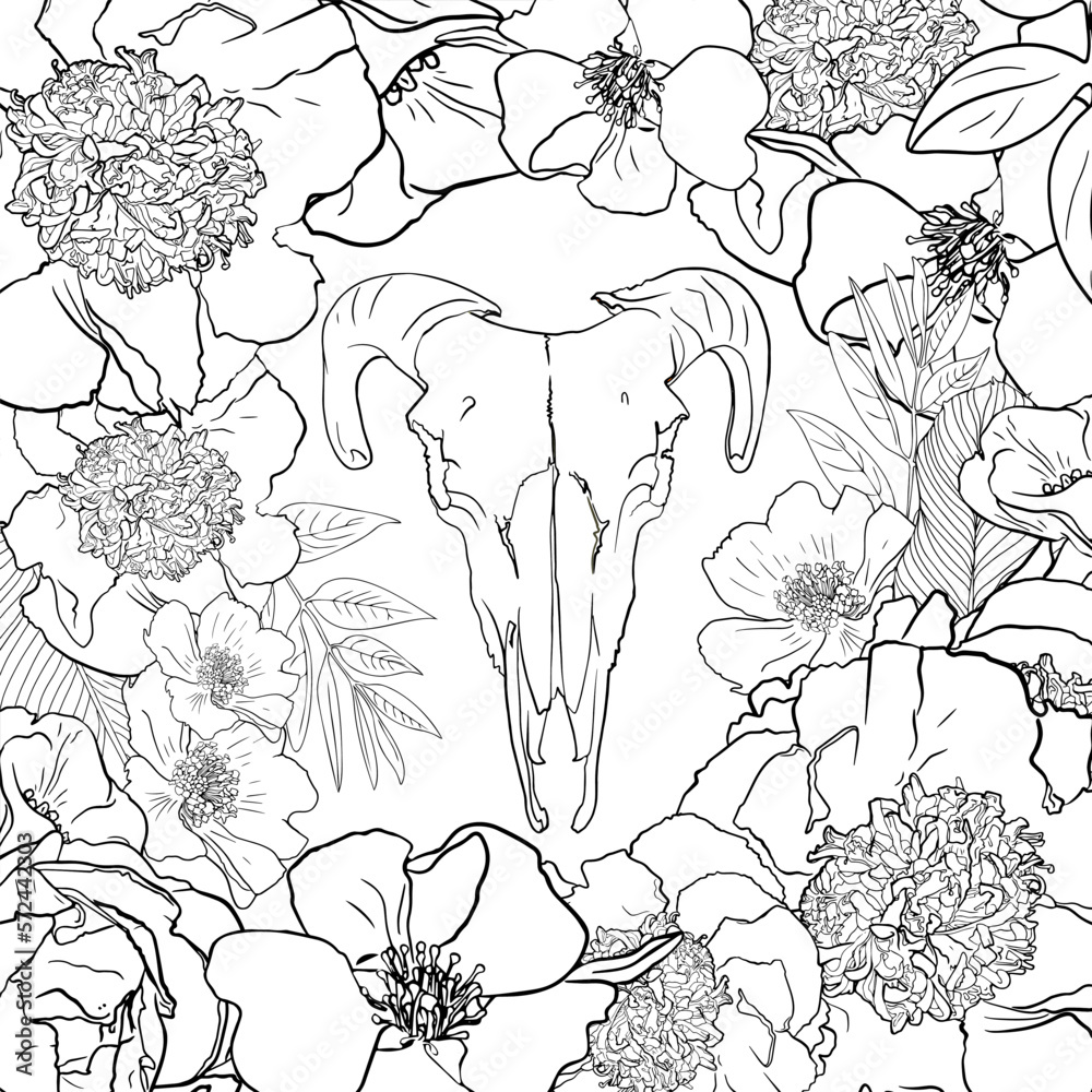 Buffalo Skull and flowers sketch. Hand drawn illustration. Wild west ...
