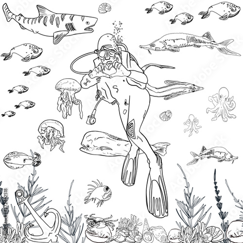 Antistress coloring page isolated on white. Colorful vector illustration of scuba diver surrounded by fishes, shark, jellyfish, octopus, squid, crabs, seaweed, shells. Child game, tattoo, print, card