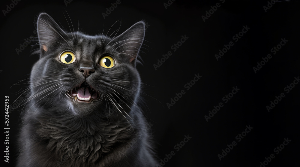 portrait of a happy black cat, photo studio set up with key light, isolated with black background and copy space - generative ai