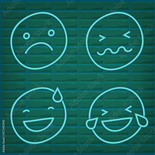 Vector green turquoise neon icon set for mood tracker. Ten scale of color lamp glowing emotion smiles from dissappoited to happy isolated on black. Emoticon element of UI design for client rating, fee