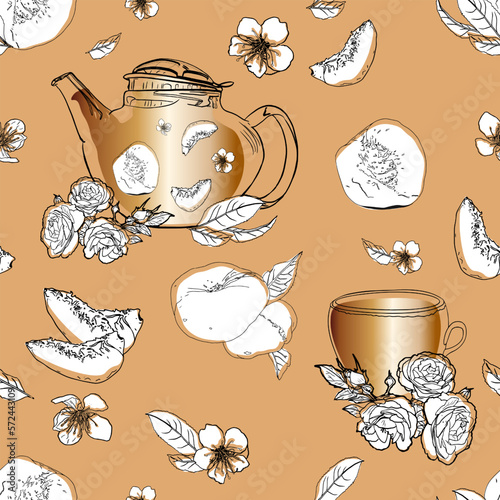 Seamless pattern. Vector illustration of peach, peach slices, flowers, leaves, cup, teapot with peach tea in cute hand drawn style. For printing packaging, cards, designers, clothes, interior