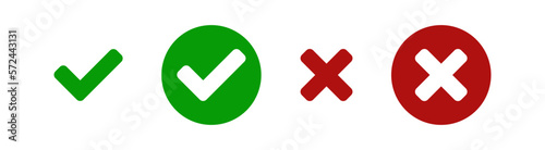 Set of simple chek marks icon. Color tick and cross. YES or NO accept and decline symbol. Buttons for vote, election choice. photo