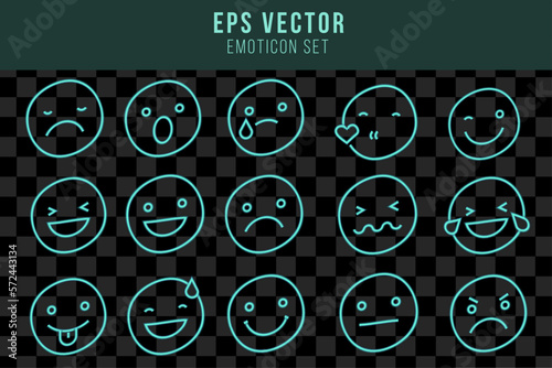 Vector green turquoise neon icon set for mood tracker. Ten scale of color lamp glowing emotion smiles from dissappoited to happy isolated on black. Emoticon element of UI design for client rating, fee
