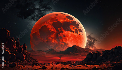 large blood moon in the night sky over a desert