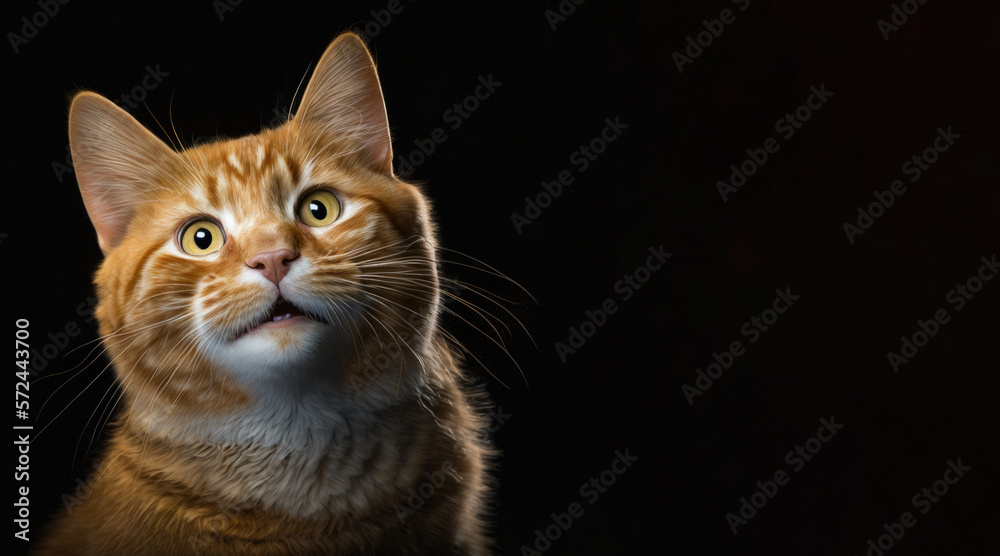 portrait of a happy ginger cat, photo studio set up with key light, isolated with black background and copy space - generative ai