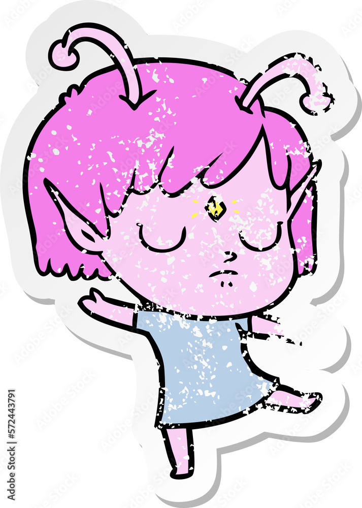 distressed sticker of a cartoon alien girl distressed sticker of a cartoon alien girl