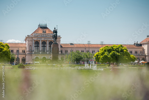 Glavni kolodvor or main station in Zagreb viewed from Kralj Tomislav park on a hot summer day.