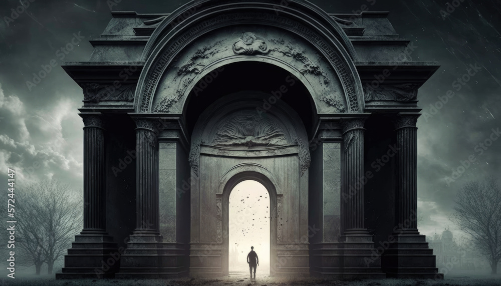 Fototapeta premium man steps out of a gigantic stone gate from beyond into a grey dark world