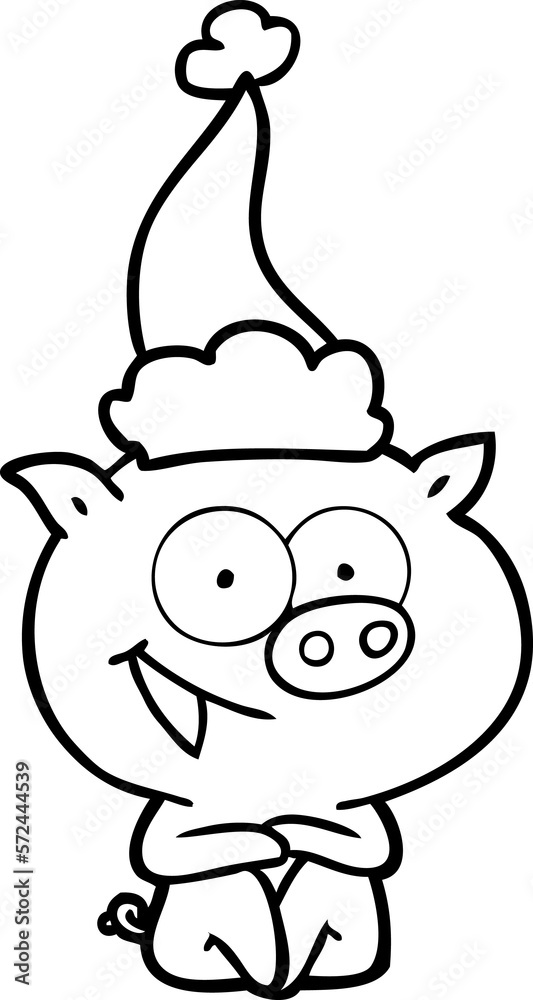 cheerful sitting pig line drawing of a wearing santa hat cheerful sitting pig line drawing of a wearing santa hat