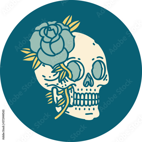tattoo style icon of a skull and rose