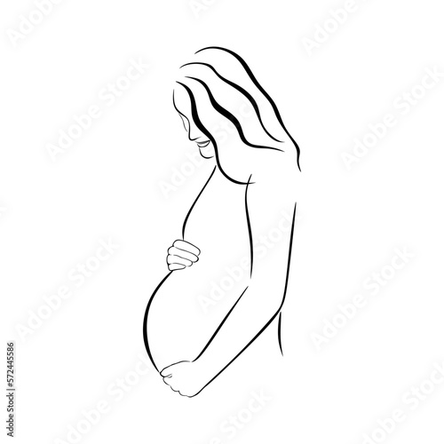Beautiful pregnant woman in minimal style. A young pregnant girl hugs her belly. Pregnancy concept. Vector illustration