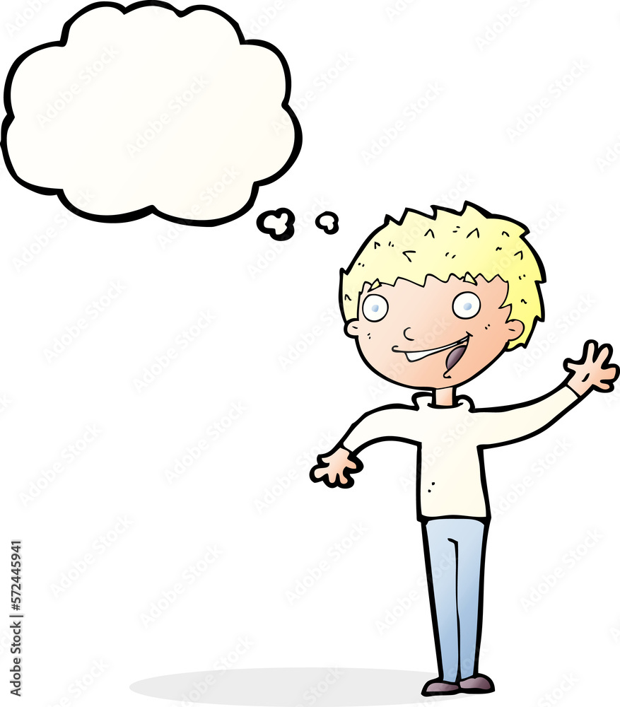 cartoon happy boy waving with thought bubble cartoon happy boy waving with thought bubble