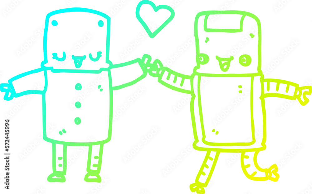 cold gradient line drawing cartoon robots in love