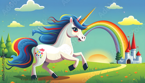unicorn cartoon running in open field with rainbow and castle