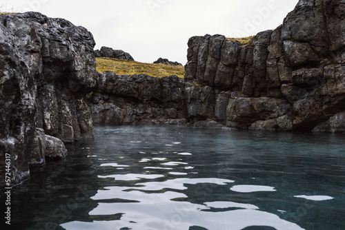 Sky Lagoon in Iceland. Geothermal spa with heated water on cold day