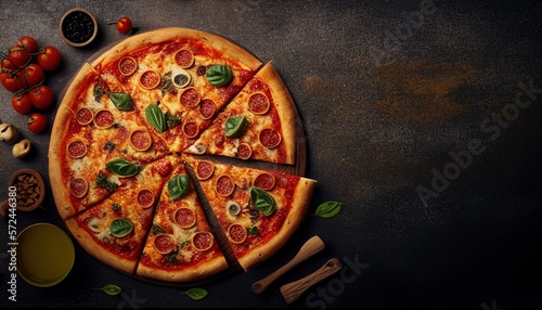 Tasty pepperoni pizza with mushrooms and olives on stone table, empty space, top view. Generative AI