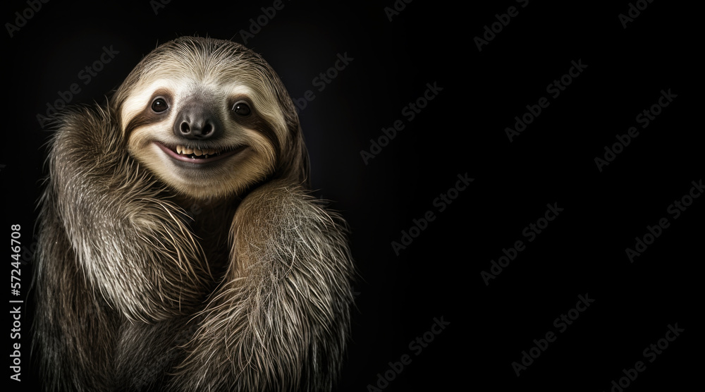 portrait of a happy smiling sloth, photo studio set up with key light, isolated with black background and copy space - generative ai portrait of a happy smiling sloth, photo studio set up with key light, isolated with black background and copy space - generative ai