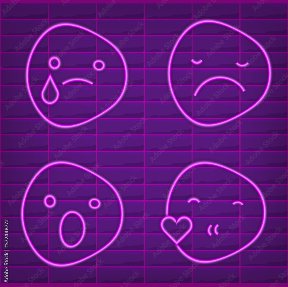Neon illustration of purple emoji. Vector icon of cartoon enamored