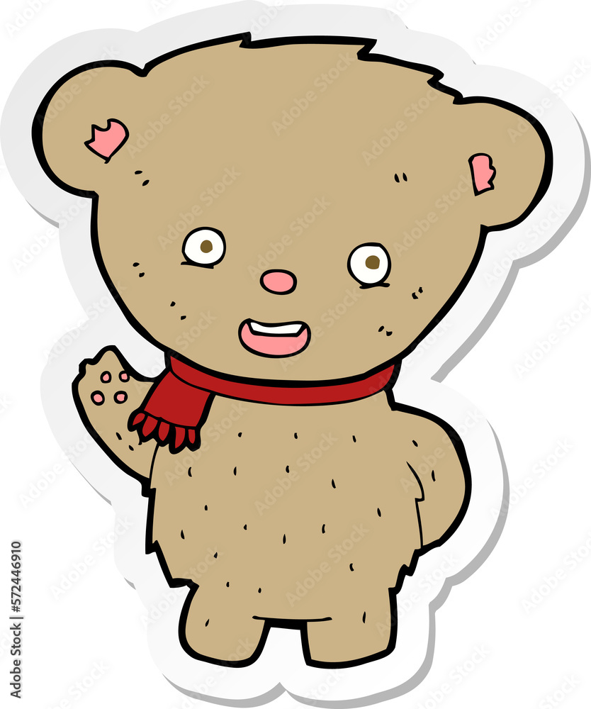 sticker of a cartoon teddy bear waving