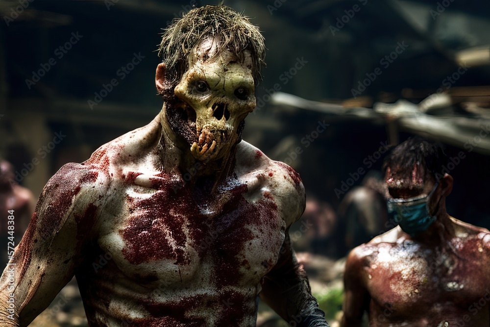 Generative AI portrait of the living dead walking among the ruins of a city, detachment of flesh, bones, teeth, blood and dirty and torn clothes, representation of the apocalypse. Generative AI portrait of the living dead walking among the ruins of a city, detachment of flesh, bones, teeth, blood and dirty and torn clothes, representation of the apocalypse.