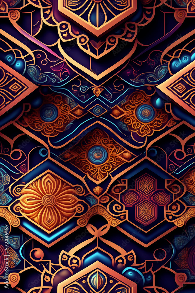 Pattern mirror of Pentagons with manual drawings in Orange and blue. Pattern mirrored repeat for background. Wallpaper of pentagons and rhombuses Generative AI. 