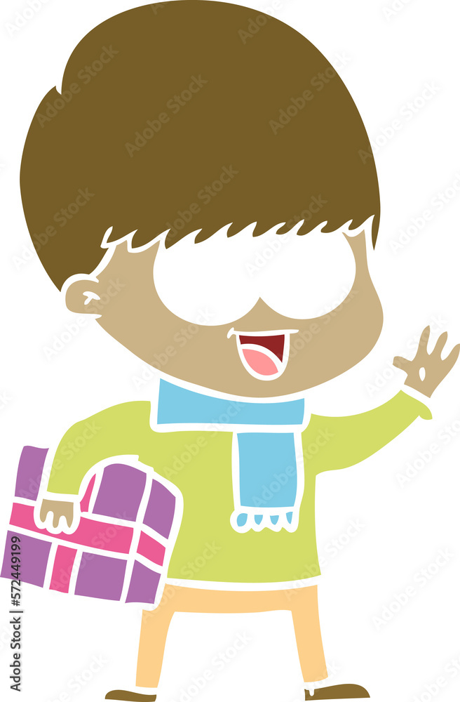happy flat color style cartoon boy with present