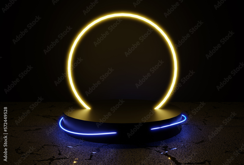 3d render, neon light, glowing lines, yellow, blue, empty stage for presentation, portal, round arch, pedestal, virtual reality, abstract background, round portal, arch, vibrant colors, laser show 3d render, neon light, glowing lines, yellow, blue, empty stage for presentation, portal, round arch, pedestal, virtual reality, abstract background, round portal, arch, vibrant colors, laser show