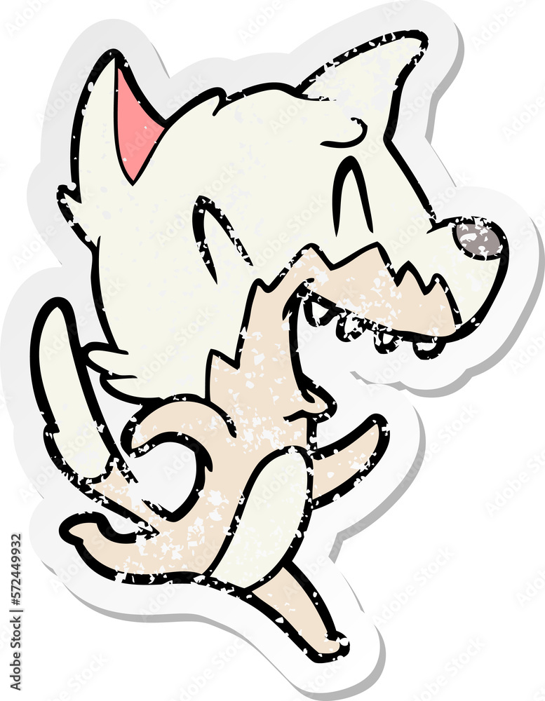 distressed sticker of a laughing fox running away distressed sticker of a laughing fox running away