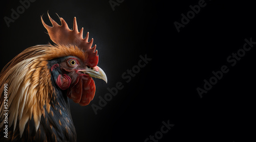 Foto portrait of a rooster photo studio set up with key light, isolated with black ba