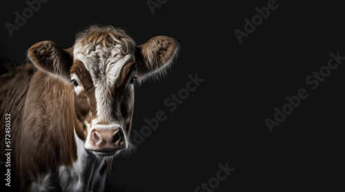 portrait of a sad brown cow, photo studio set up with key light, isolated with black background and copy space - generative ai