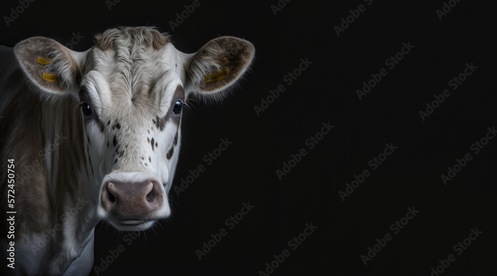 portrait of a sad cow, photo studio set up with key light, isolated with black background and copy space - generative ai
