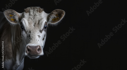 portrait of a sad cow, photo studio set up with key light, isolated with black background and copy space - generative ai