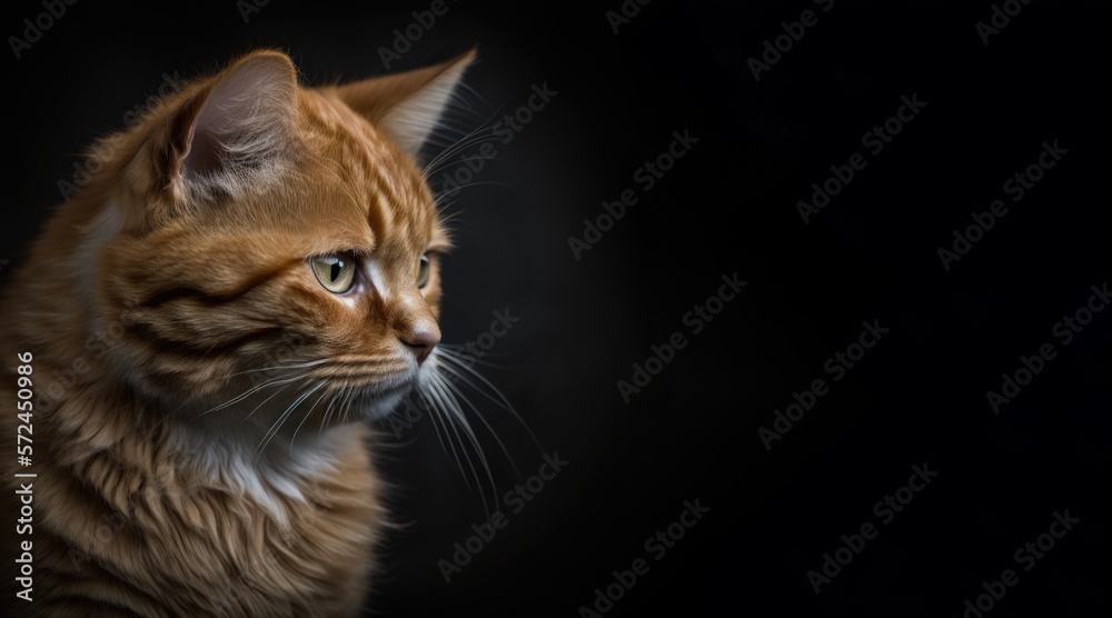 portrait of a sad ginger cat, photo studio set up with key light, isolated with black background and copy space - generative ai