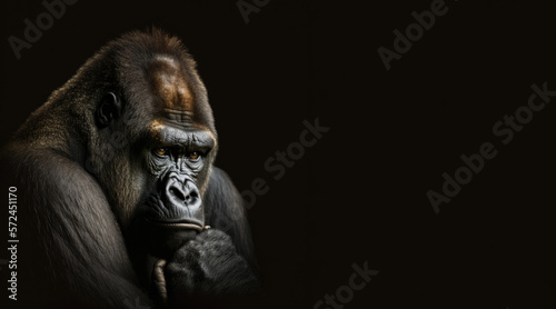 portrait of a sad gorilla, photo studio set up with key light, isolated with black background and copy space - generative ai
