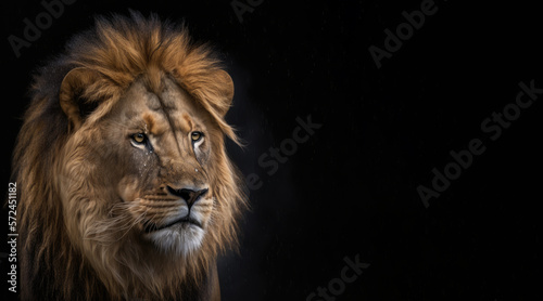 portrait of a sad lion, photo studio set up with key light, isolated with black background and copy space - generative ai