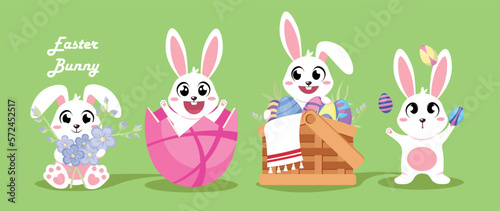 Set of cute Easter bunnies on a green background. Color vector illustration: Easter bunny with flowers, bunny looking out of an egg, in a basket with Easter eggs in cartoon style.