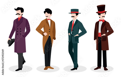 Set of handsome gentlemen isolated on white background. Vector illustration of elegant men with mustaches dressed in classic suits, tailcoats with bows and ties, with hats in cartoon style.