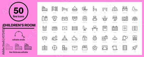 children's room icons, baby room icon set, kids room vector icons, cradle, baby bed, changing table, swaddle wrap, bunk bed, toys, baby monitor, desk, wardrobe, air purifier, desk lamp, book and more 