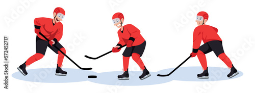 Vector illustration of cute hockey players isolated on white background. Charming characters hockey players with sticks and pucks in cartoon style.